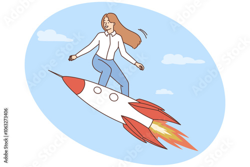 Motivated businesswoman fly on rocket