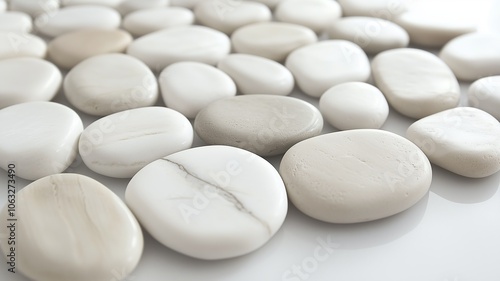 Close-up of smooth, white and beige stones scattered on a white surface.