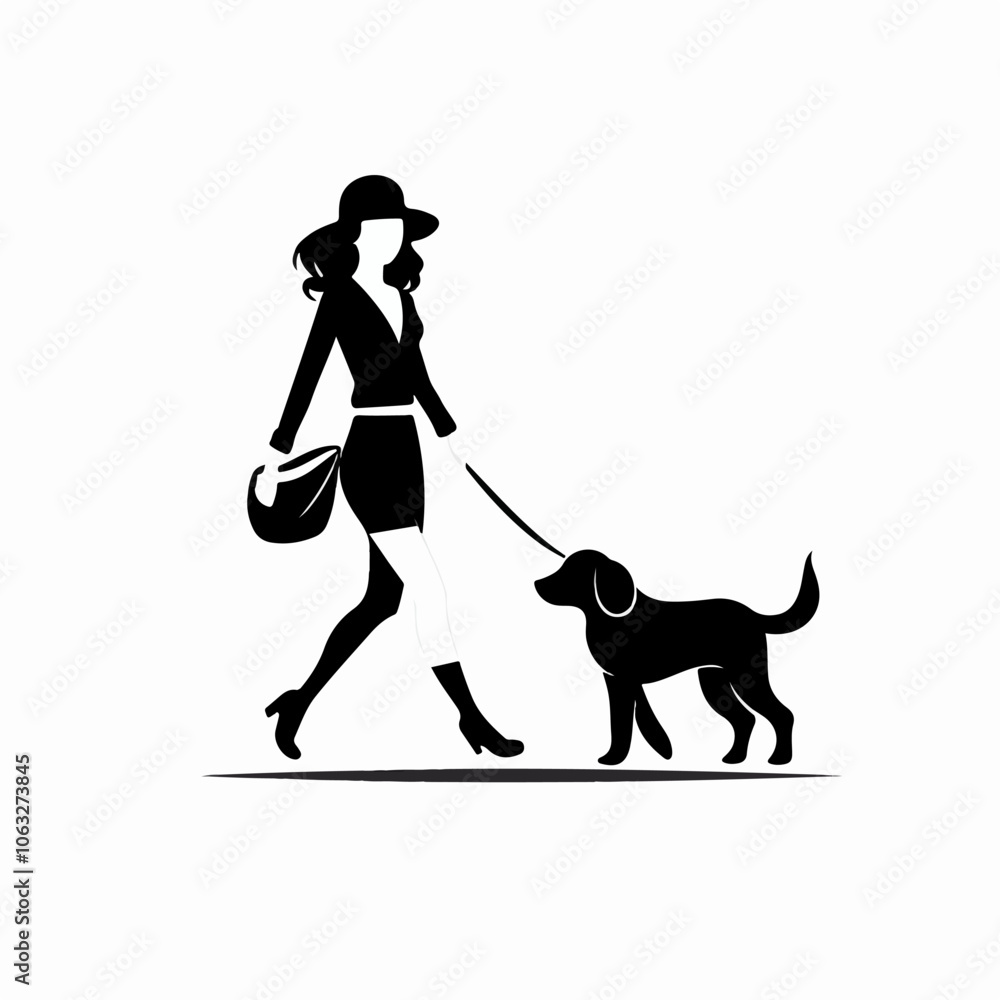 Black and white illustration of a girl walking a dog. Domestic animal. Man's best friend. Black and white illustration of a girl walking a dog. Domestic animal. Man's best friend.