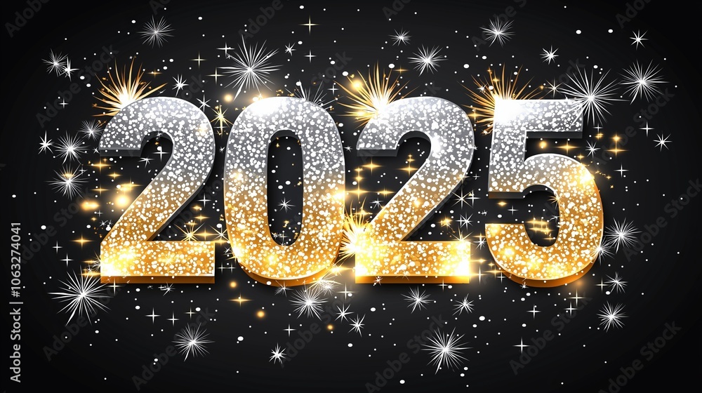 Sparkling gold and silver 2025 against a black background. Sparkling gold and silver 2025 against a black background.