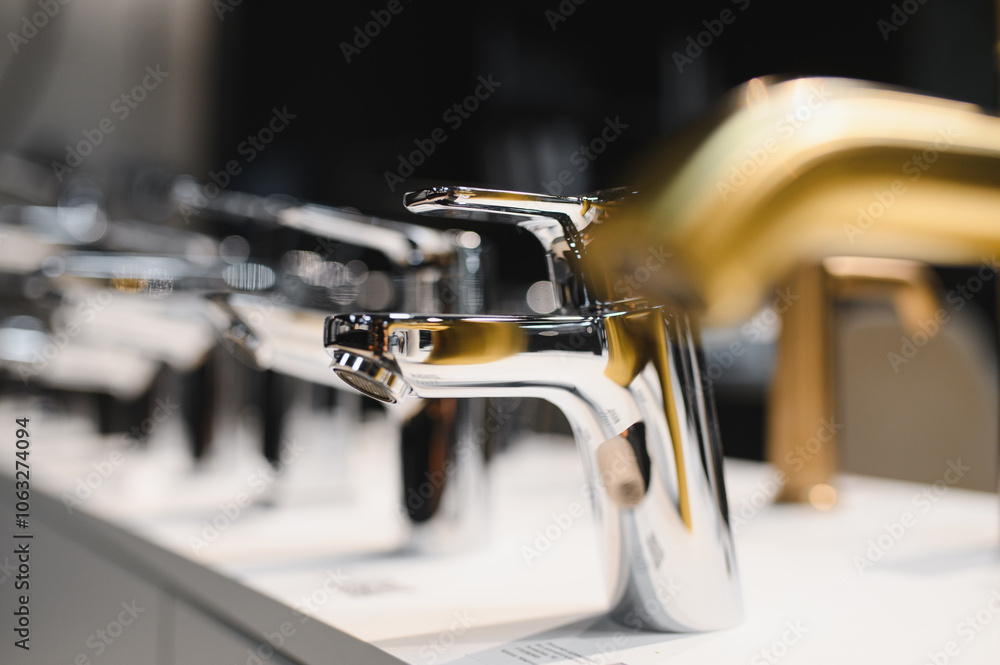 Rows of new faucets in plumbing shop Rows of new faucets in plumbing shop