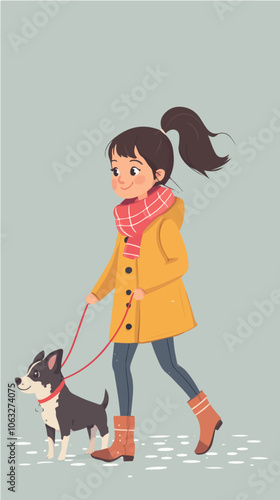 Illustration of a girl walking a dog. Domestic animal. Man's best friend.