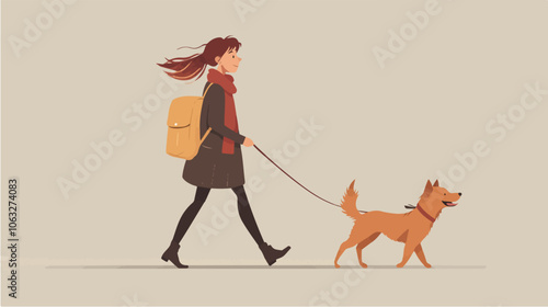 Illustration of a girl walking a dog. Domestic animal. Man's best friend.