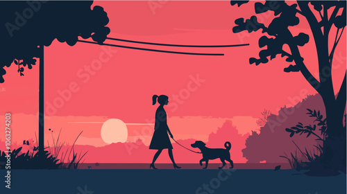 Illustration of a girl walking a dog. Domestic animal. Man's best friend.