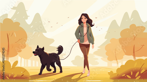 Illustration of a girl walking a dog. Domestic animal. Man's best friend.