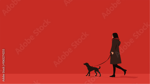 Illustration of a girl walking a dog. Domestic animal. Man's best friend.