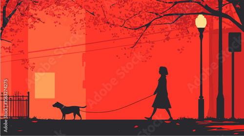 Illustration of a girl walking a dog. Domestic animal. Man's best friend.