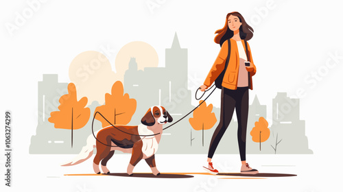 Illustration of a girl walking a dog. Domestic animal. Man's best friend.