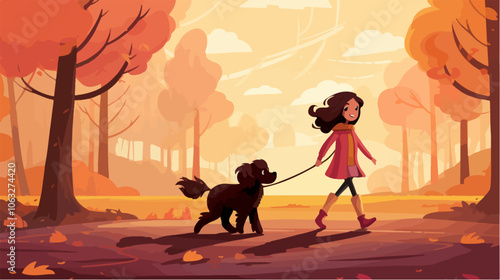 Illustration of a girl walking a dog. Domestic animal. Man's best friend.