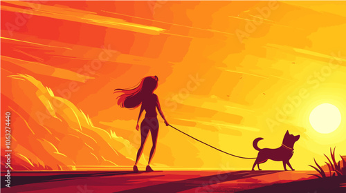 Illustration of a girl walking a dog. Domestic animal. Man's best friend.