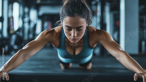 A woman in a gym doing a push up exercise.