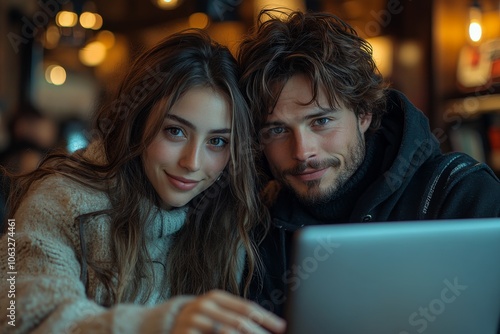 A Gen Z pair browsing through online event listings together, choosing a unique activity for their date night, laptops and phones in hand. Generative AI photo