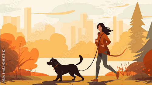 Illustration of a girl walking a dog. Domestic animal. Man's best friend.