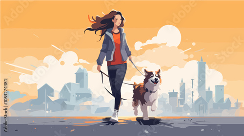Illustration of a girl walking a dog. Domestic animal. Man's best friend.