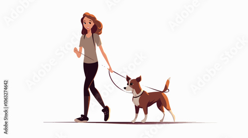 Illustration of a girl walking a dog. Domestic animal. Man's best friend.