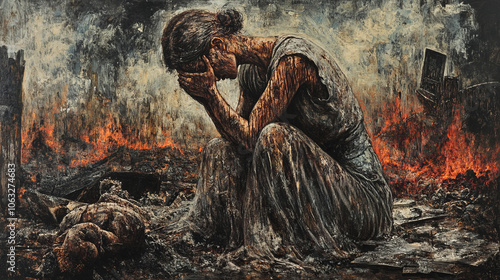 In the gloomy atmosphere of destruction, a woman is bent over, sitting in torn clothes, and the flame in the background emphasizes the hopelessness of her position.