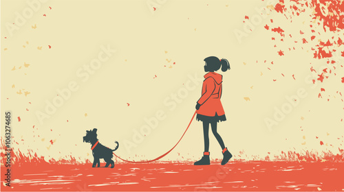 Illustration of a girl walking a dog. Domestic animal. Man's best friend.