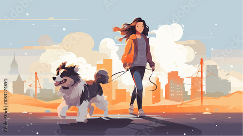 Illustration of a girl walking a dog. Domestic animal. Man's best friend.