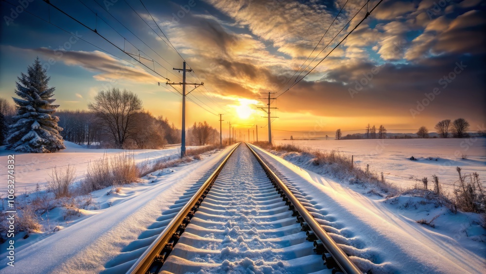Fototapeta premium Serene Winter Railway Tracks Stretching Towards the Horizon in a Snow-Covered Landscape with Electric Poles Captured Through Long Exposure Photography