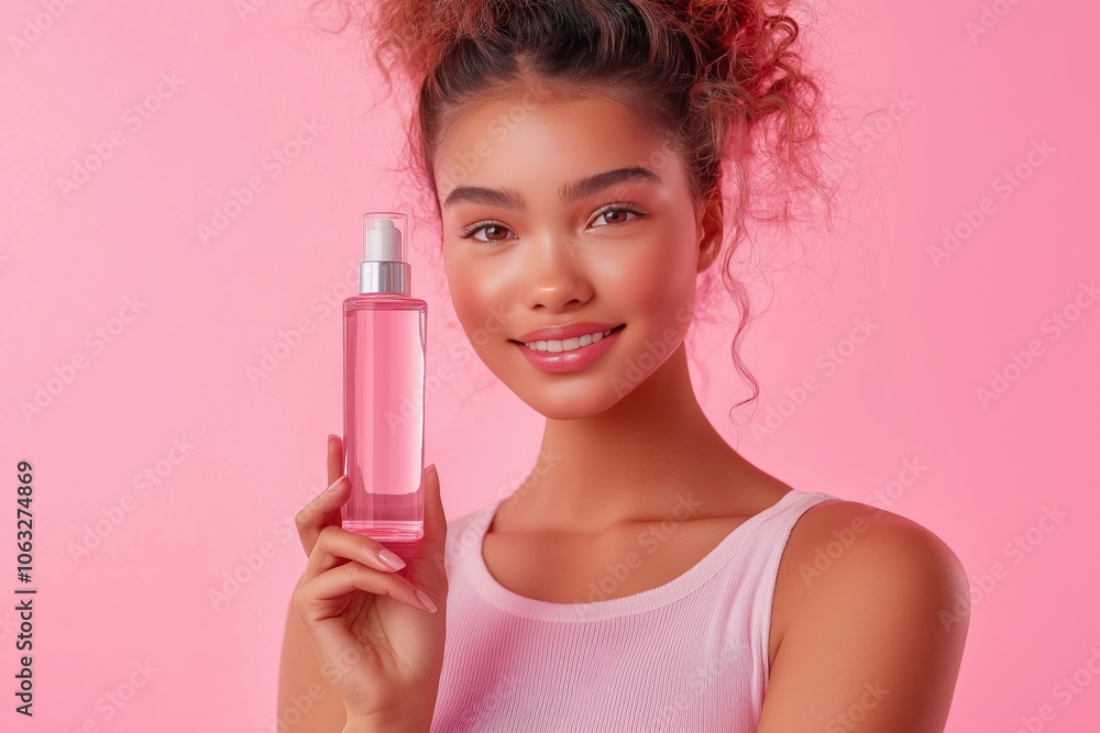 The beauty skincare model holding a glass Essence bottle mockup The beauty skincare model holding a glass Essence bottle mockup
