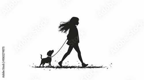 Black and white illustration of a girl walking a dog. Domestic animal. Man's best friend.