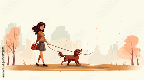 Illustration of a girl walking a dog. Domestic animal. Man's best friend.