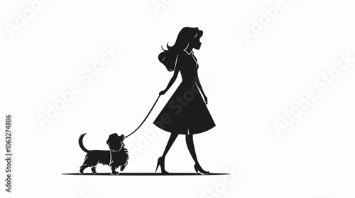 Black and white illustration of a girl walking a dog. Domestic animal. Man's best friend.