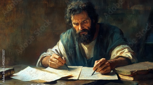 portrayal of the apostle Paul writing letters from prison, encouraging early Christians in their faith despite his sufferings,