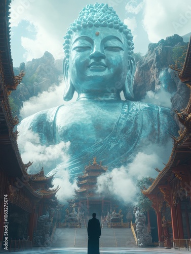 A huge Buddha statue made of light blue jade is glowing. photo