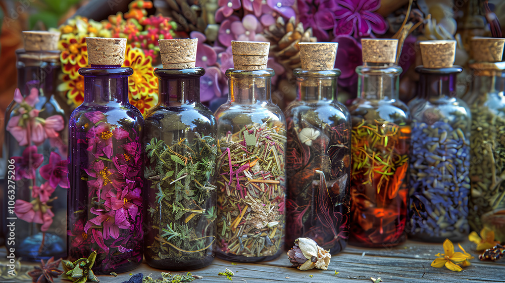 Row of glass bottles filled with various herbs and flowers. The bottles are arranged in a row, with some of them being taller than others Row of glass bottles filled with various herbs and flowers. The bottles are arranged in a row, with some of them being taller than others