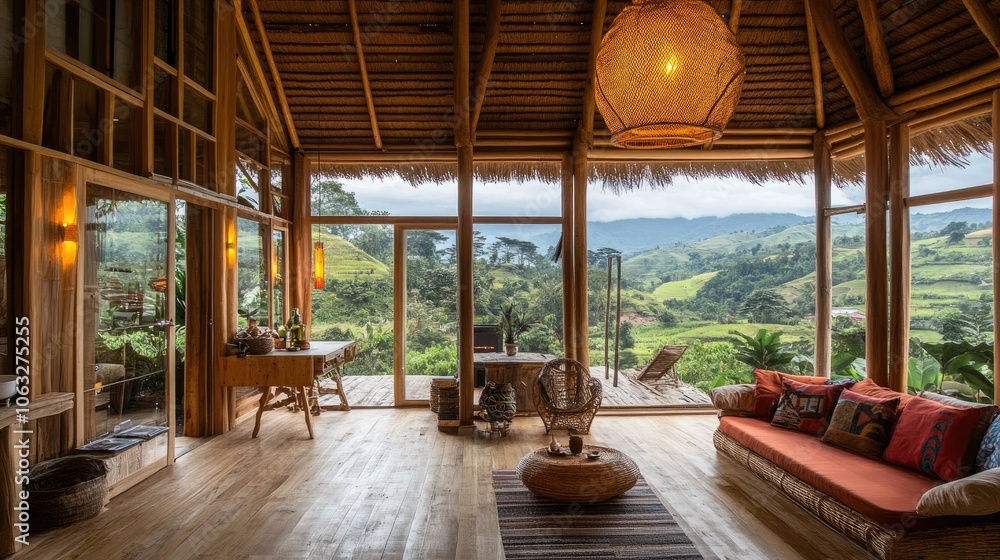 Obraz premium Cozy Eco-Home Interior with Scenic Landscape View