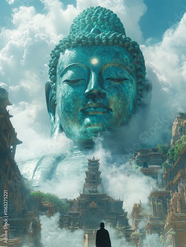 A huge Buddha statue made of light blue jade is glowing. photo