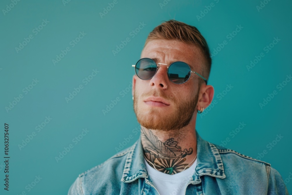 Fototapeta premium A person with a tattoo on their chest wears sunglasses, a compact description without creative additions