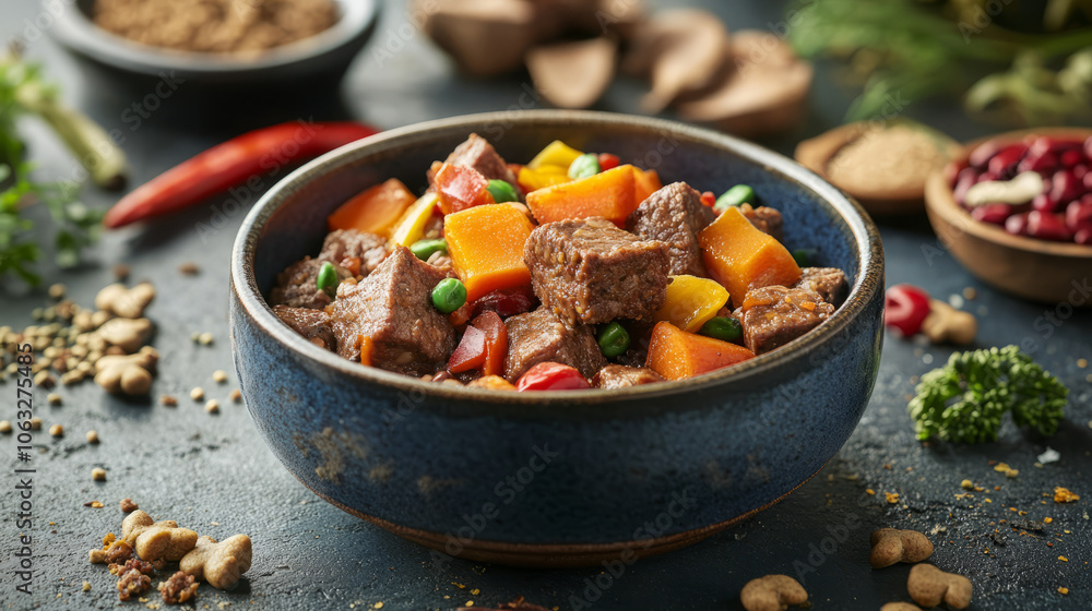 A bowl of specially formulated nutrition for working dogs, designed for optimal health, with vibrant ingredients displayed around the bowl in a pet care setting A bowl of specially formulated nutrition for working dogs, designed for optimal health, with vibrant ingredients displayed around the bowl in a pet care setting