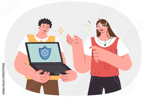 Antivirus software in laptop of man and girl, rejoicing at appearance of protection against virus