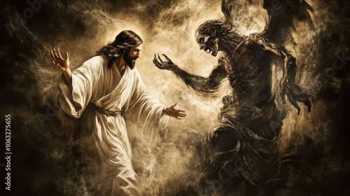 powerful image of Jesus casting out a demon from a mute man, symbolizing spiritual authority over darkness,