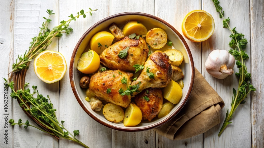 Silhouette of Greek Lemon Chicken with Potatoes in a Bowl on White Background, Showcasing Baked Chicken and Potatoes Garnished with Fresh Oregano Leaves from Above Silhouette of Greek Lemon Chicken with Potatoes in a Bowl on White Background, Showcasing Baked Chicken and Potatoes Garnished with Fresh Oregano Leaves from Above