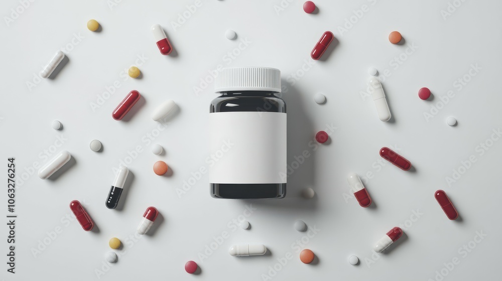 Prescription mockup with a pill bottle featuring a blank label, surrounded by scattered pills on a white surface. copy space available. Prescription mockup with a pill bottle featuring a blank label, surrounded by scattered pills on a white surface. copy space available.