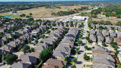 City planning in rural suburban area mixed of residential neighborhood, vacant land, farm ranch property along Farm to Market Road 407 in Bartonville, Argyle, Denton, Texas, houses small backyard photo