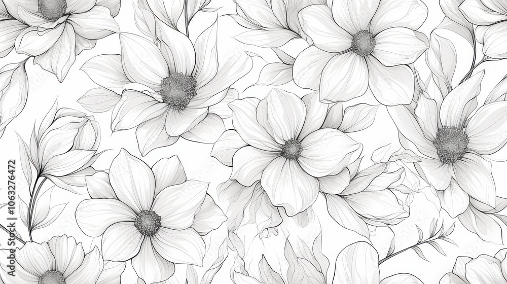 Obraz premium Delicate black and white floral pattern featuring elegant flowers and intricate leaves.