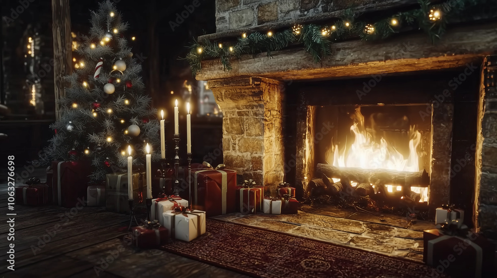 Christmas tree, fireplace, presents and candles in rustic setting.. Christmas tree, fireplace, presents and candles in rustic setting..