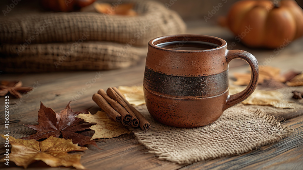 Clay mug on wooden table with autumn leaves and cinnamon Clay mug on wooden table with autumn leaves and cinnamon