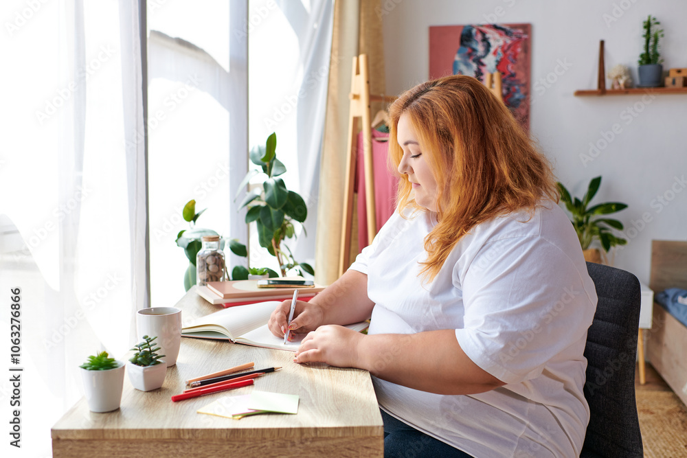 The beautiful plus size woman sits at a desk, drawing in a sketchbook, surrounded by plants. The beautiful plus size woman sits at a desk, drawing in a sketchbook, surrounded by plants.