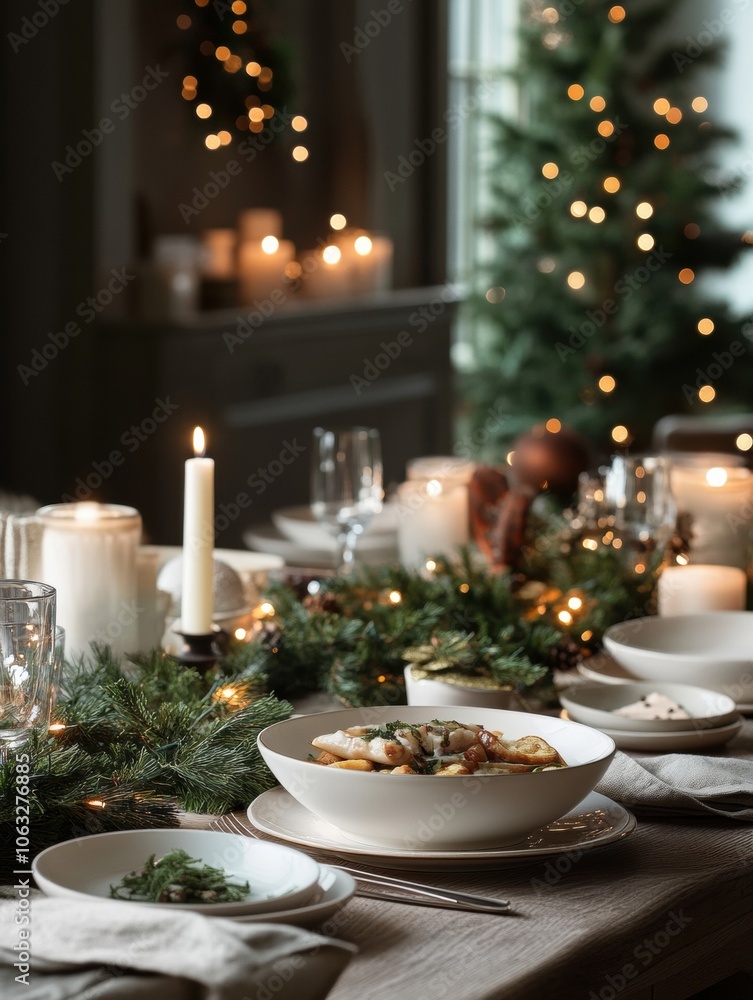The festive dining table is beautifully arranged with seasonal dishes, candles, and garlands, ready for a joyful Christmas gathering. Generative AI The festive dining table is beautifully arranged with seasonal dishes, candles, and garlands, ready for a joyful Christmas gathering. Generative AI