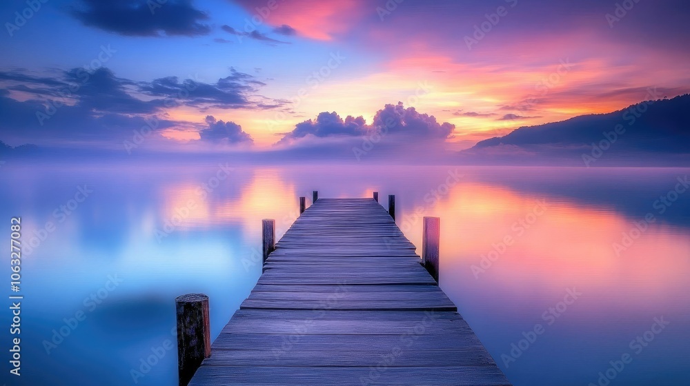 Serene Sunset over Tranquil Water at a Dock Serene Sunset over Tranquil Water at a Dock