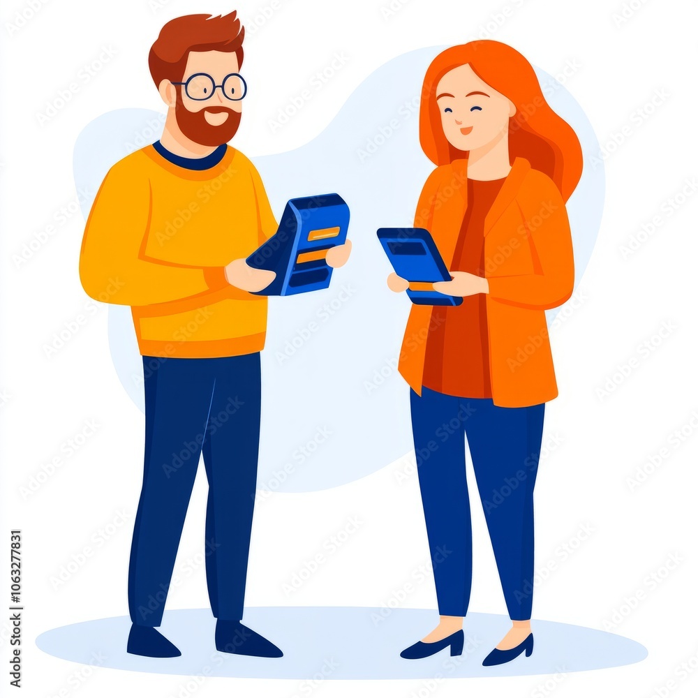 Two people interacting with devices, engaged in conversation. Two people interacting with devices, engaged in conversation.
