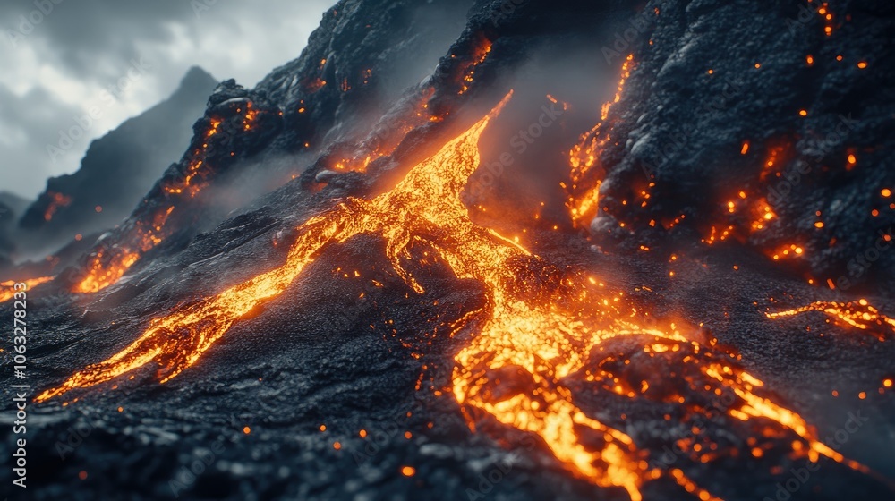 Molten Lava Flow on Rocky Surface During Eruption Molten Lava Flow on Rocky Surface During Eruption