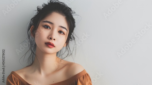 An Asian girl with flawless makeup and natural beauty, posing confidently against a minimalist white backdrop