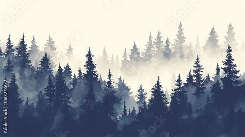 A serene watercolor depiction of a misty forest, showcasing tall conifer trees in varying shades of blue and gray.