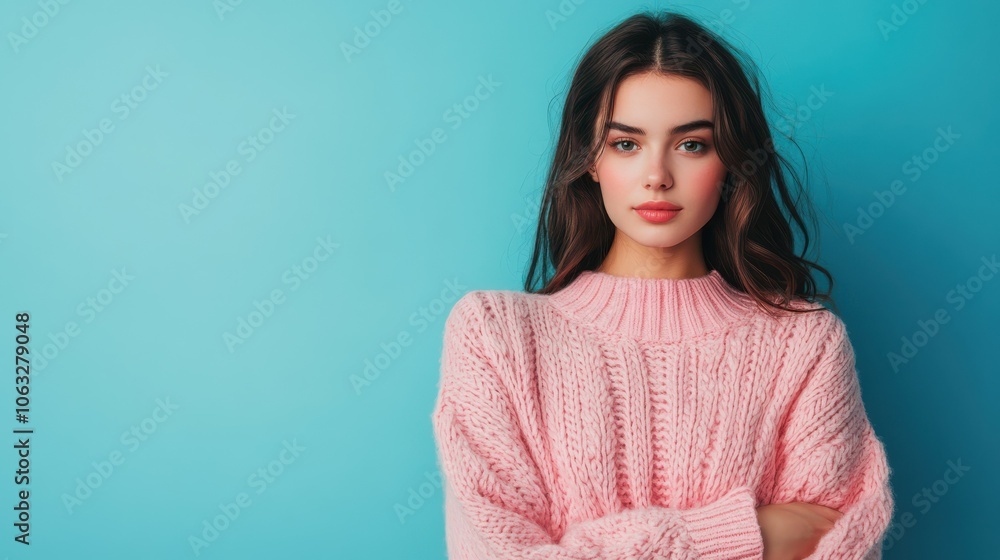 Portrait of nice young woman arm hold empty space wear pink sweater isolated on blue color background Portrait of nice young woman arm hold empty space wear pink sweater isolated on blue color background